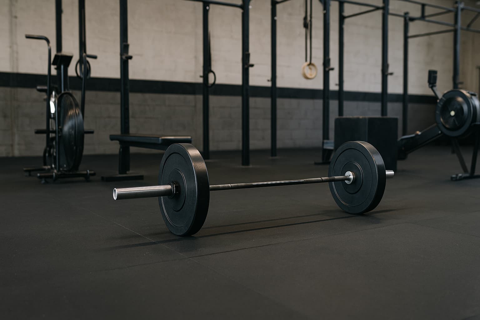 Barre olympique posée au sol dans une salle de CrossFit avec équipement et rig en arrière-plan.